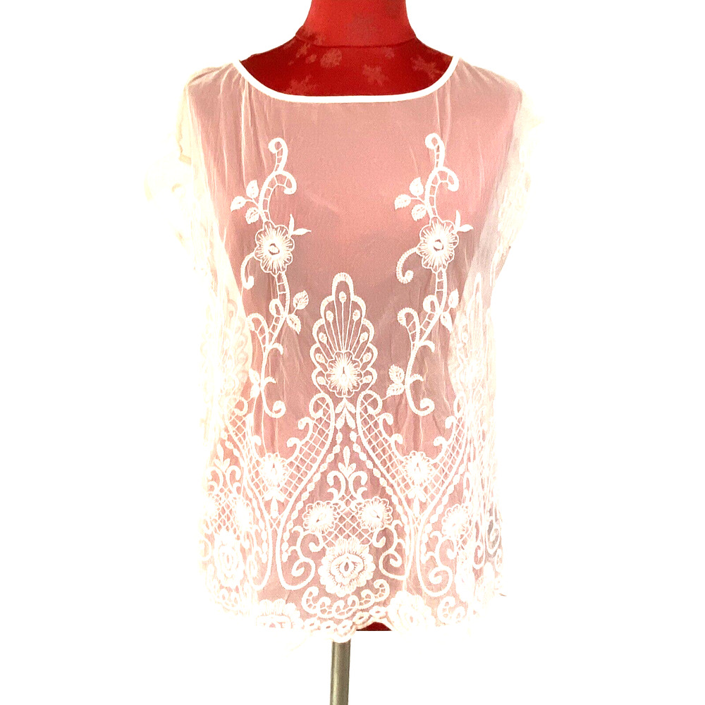 Forever 21 Pink Sheer Lace Top Sleeveless Popover Blouse Sz S Romantic Feminine